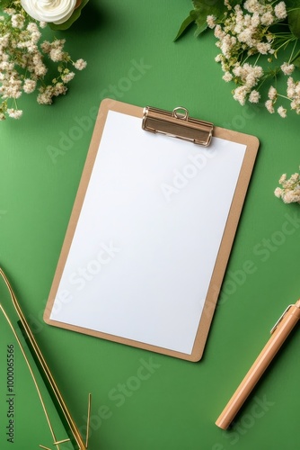 Blank clipboard with a pen surrounded by flowers on a green background for cr...
