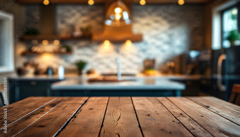 a rustic wooden tabletop for product displays with a bokeh-effect background of an opulent kitchen. a rustic wooden tabletop for product displays with a bokeh-effect background of an opulent kitchen.