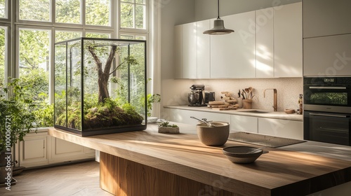 Wallpaper Mural A quiet Scandinavian-style kitchen, the forest in the glass box positioned on a wide wooden island, contrasting with the minimalist white cabinetry Torontodigital.ca