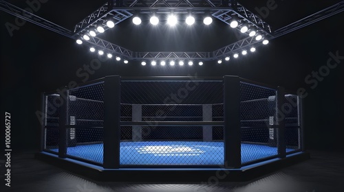 MMA Octagon Cage Fight Arena with Spotlights   Competition  Combat  Training  Sport photo