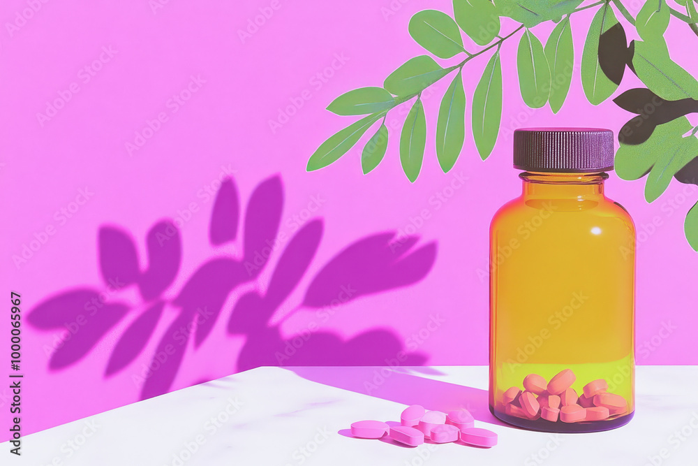 Transparent bottle with pink pills on pastel background and plant shadows