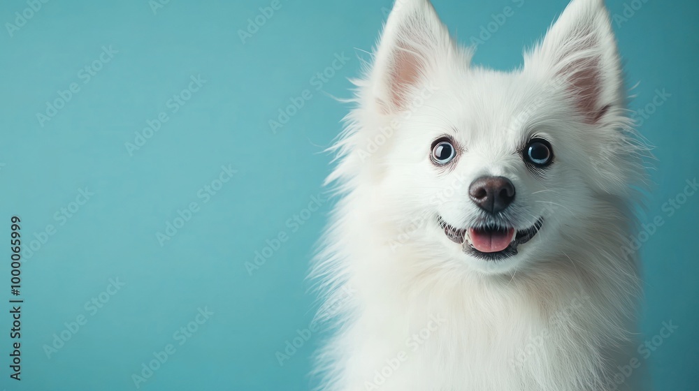 A cheerful white dog with bright eyes against a blue background.