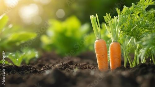 Freshly harvested carrots stand tall in a flourishing urban garden during gol...