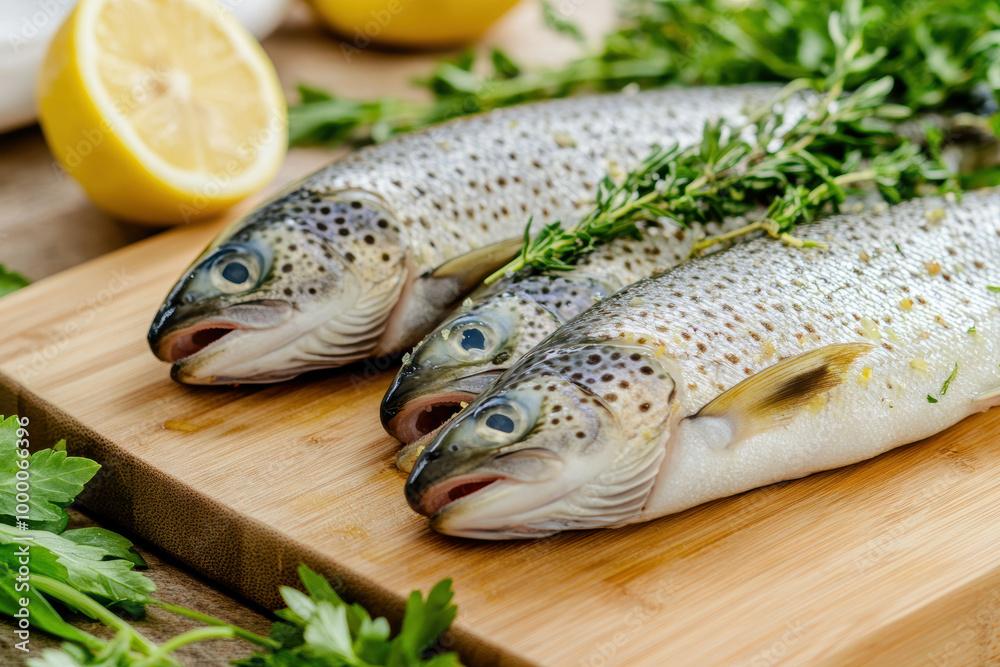 Fresh whole trout on a wooden board with herbs and lemon for a healthy meal preparation Fresh whole trout on a wooden board with herbs and lemon for a healthy meal preparation