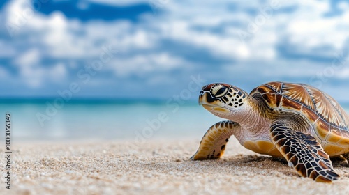 A turtle resting on the sandy beach under a vibrant sky near the turquoise oc...
