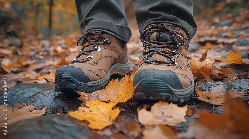 Close-up of Hiking Boots on a Wet Autumn Leaf-Covered Trail in the Forest Close-up of Hiking Boots on a Wet Autumn Leaf-Covered Trail in the Forest