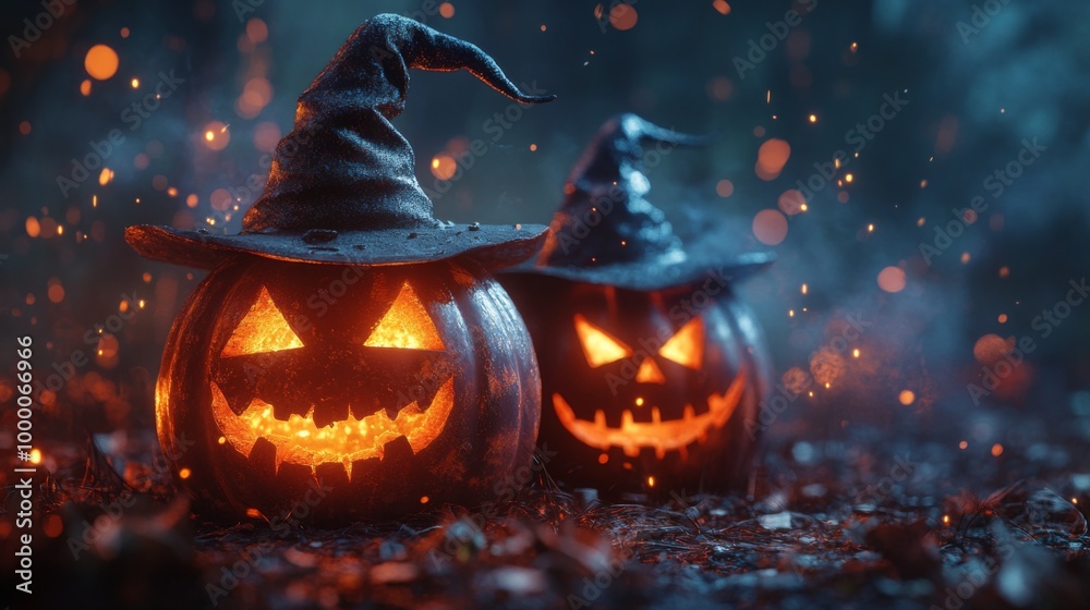 Fototapeta premium Glowing Jack-o'-Lanterns with Witch Hats in a Spooky Halloween Forest
