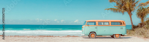 A green and orange van is parked on the beach