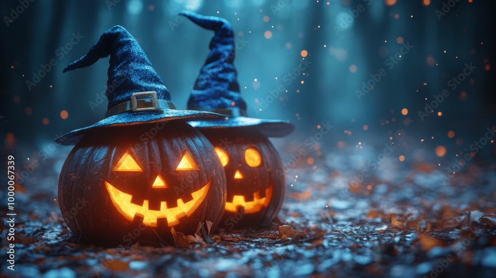 Fototapeta premium Glowing Jack-o'-Lanterns with Witch Hats in a Spooky Halloween Forest