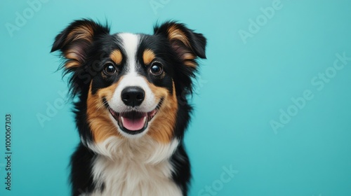 A happy dog with a playful expression against a bright blue background.