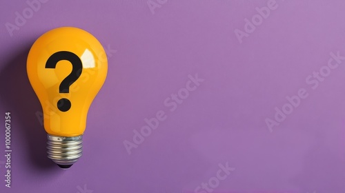 Bright yellow light bulb with a question mark against a purple background for...