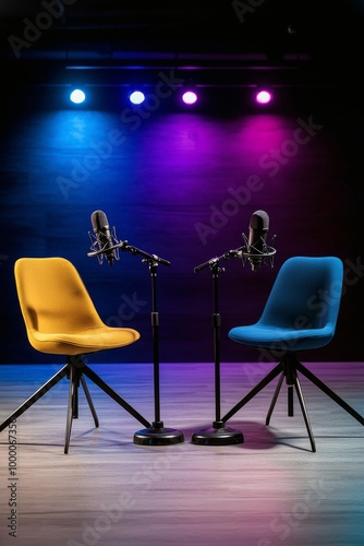 Colorful microphones and chairs set up for a podcast recording in a vibrant s...