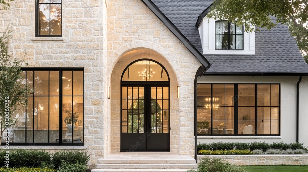 Modern House with Stone Facade and Black Windows Modern House with Stone Facade and Black Windows