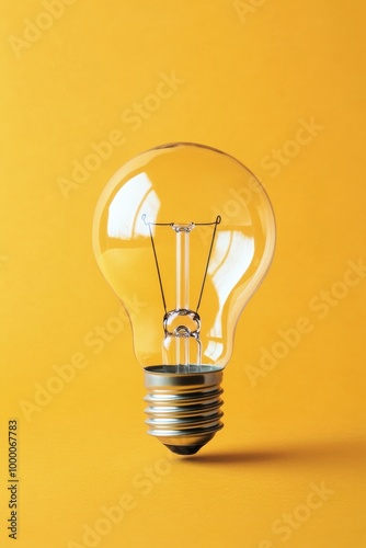 A classic light bulb stands on a bright yellow background showcasing its simp...