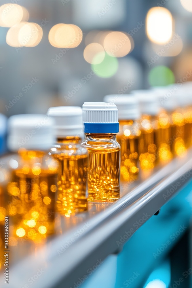 Production line of golden capsules in a pharmaceutical manufacturing facility during daytime Production line of golden capsules in a pharmaceutical manufacturing facility during daytime
