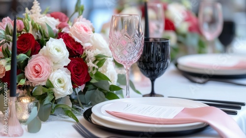 Elegant dining table set with blooming flowers and beautifully arranged plate...