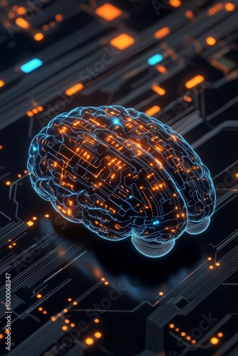 A digital representation of a human brain on a circuit board background with ...