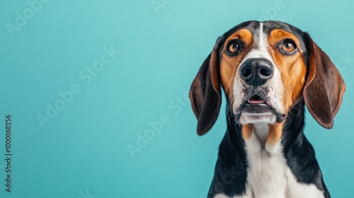 A close-up of a beagle dog against a turquoise background, showcasing its expressive features.