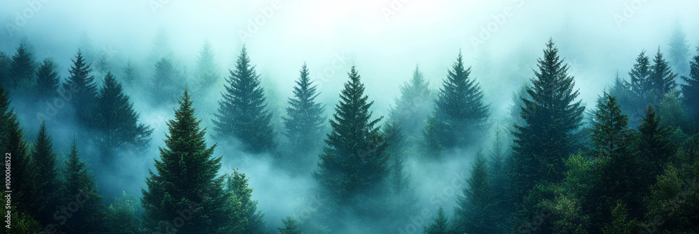 Obraz premium A dense forest of towering fir trees, isolated on a pastel blue background, showcasing natureâ€™s grandeur,