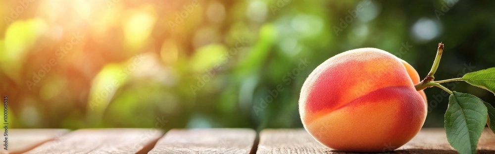 A peach resting on a wooden surface with a blurred green background and sunlight. A peach resting on a wooden surface with a blurred green background and sunlight.