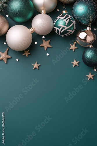 Elegant Christmas ornaments in shimmering colors hanging against a festive, s...
