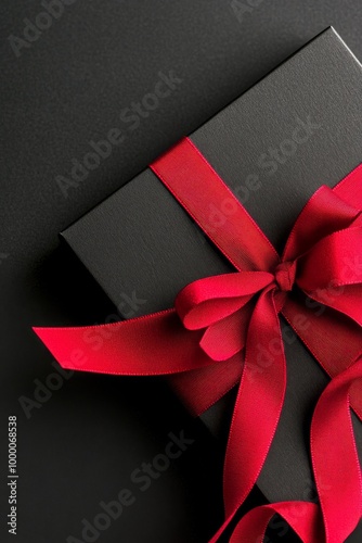 A vibrant red ribbon bow placed on a textured dark surface for gift wrapping ...