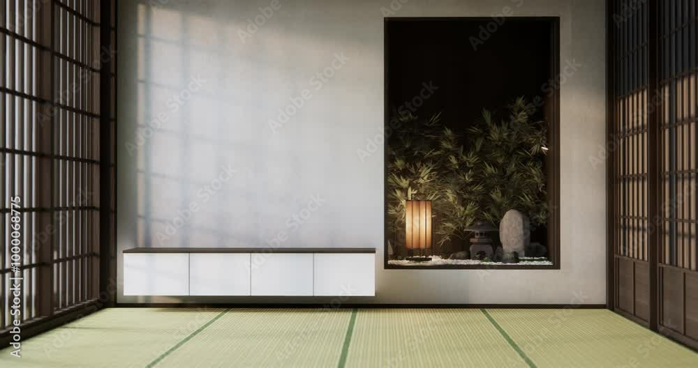 concept mockup living room zen style empty wall background.3D rendering concept mockup living room zen style empty wall background.3D rendering