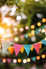 Colorful festive bunting adorned with lights in a park during a warm summer evening