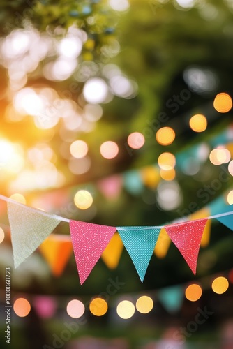 Fototapeta Naklejka Na Ścianę i Meble -  Colorful festive bunting adorned with lights in a park during a warm summer evening