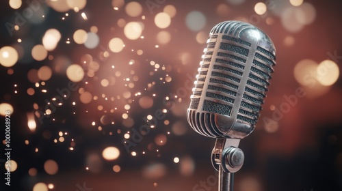 Vintage microphone on stage with shimmering lights creating a festive atmosph...