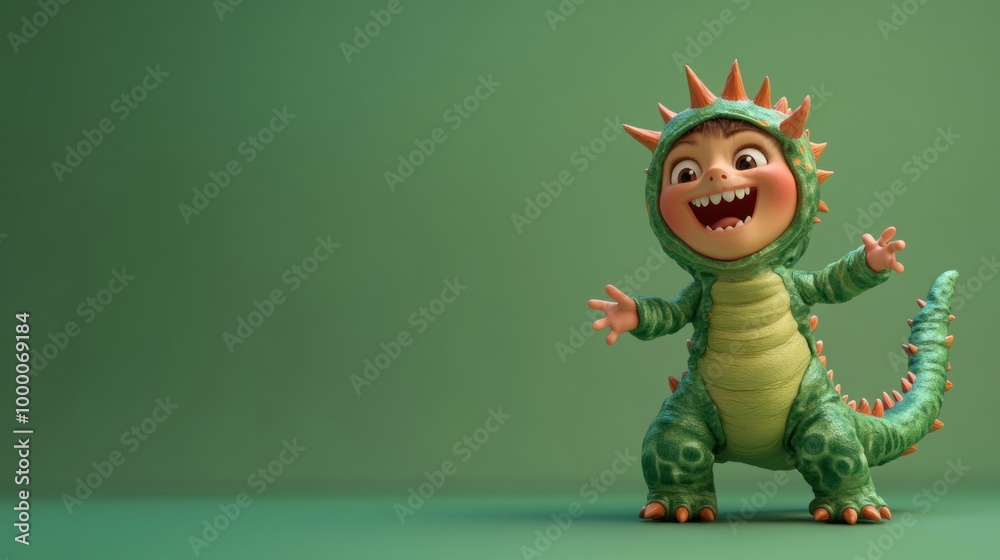 A cheerful child in a green dinosaur costume, smiling and posing playfully. A cheerful child in a green dinosaur costume, smiling and posing playfully.