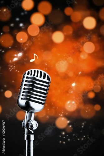 A close-up of a microphone against a blurred background of warm, glowing ligh...