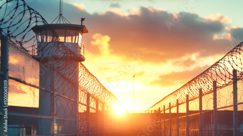 Fototapeta Naklejka Na Ścianę i Meble -  A prison entrance featuring a high fence with barbed wire and a guard tower under a captivating sunset sky