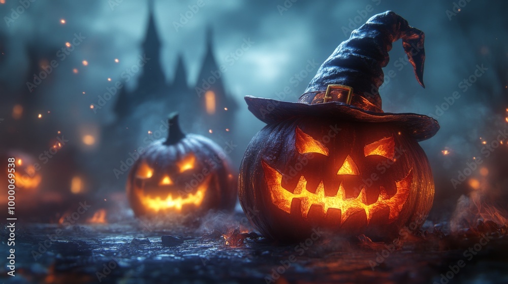 Fototapeta premium Glowing Jack-o'-Lanterns with Witch Hats in a Spooky Halloween Forest