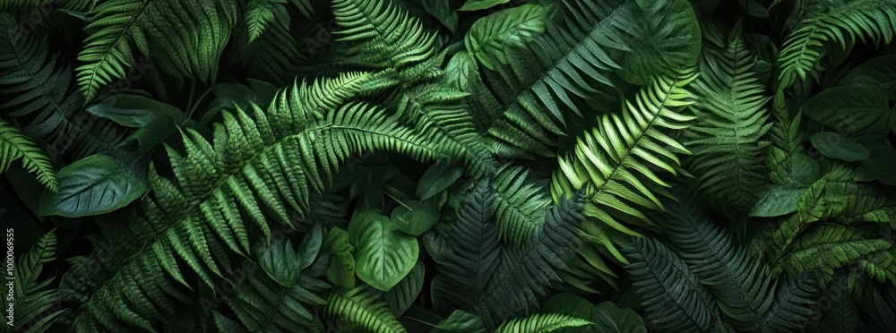 A lush arrangement of green ferns and leaves creates a vibrant, natural backdrop. A lush arrangement of green ferns and leaves creates a vibrant, natural backdrop.