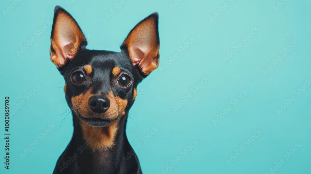 A close-up of a black and tan dog with large ears against a blue background. A close-up of a black and tan dog with large ears against a blue background.