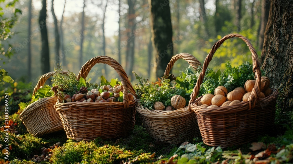 A wild, forested landscape with baskets filled with freshly picked wild-harvested organic ingredients such as nuts, berries, and wild greens, symbolizing sustainability and nature's bounty A wild, forested landscape with baskets filled with freshly picked wild-harvested organic ingredients such as nuts, berries, and wild greens, symbolizing sustainability and nature's bounty