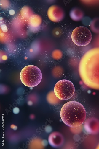 Colorful microscopic view of cells in a vibrant cosmic-like environment at night