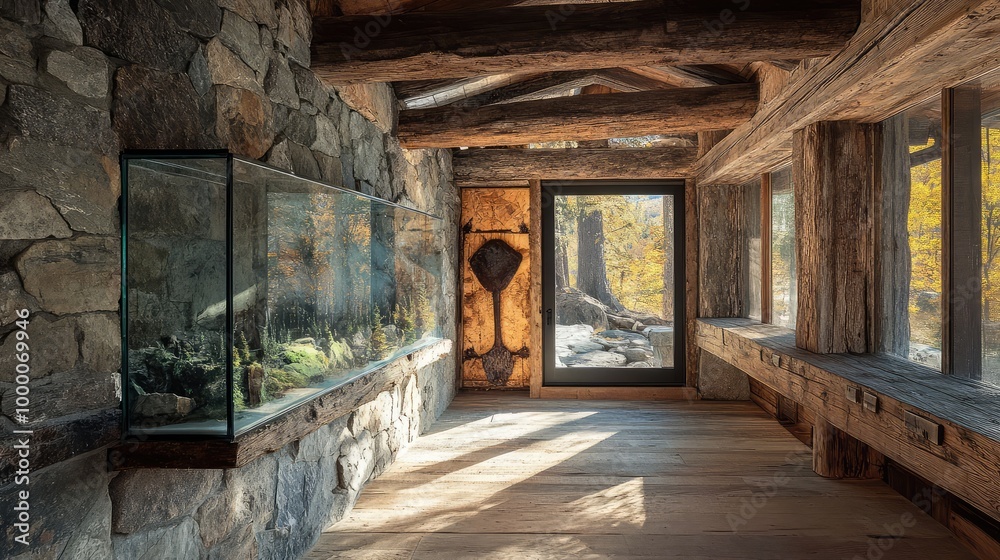A rustic mountain cabin, the glass box with a forest scene resting on a rough-hewn wooden shelf, surrounded by natural wood beams and stone walls A rustic mountain cabin, the glass box with a forest scene resting on a rough-hewn wooden shelf, surrounded by natural wood beams and stone walls