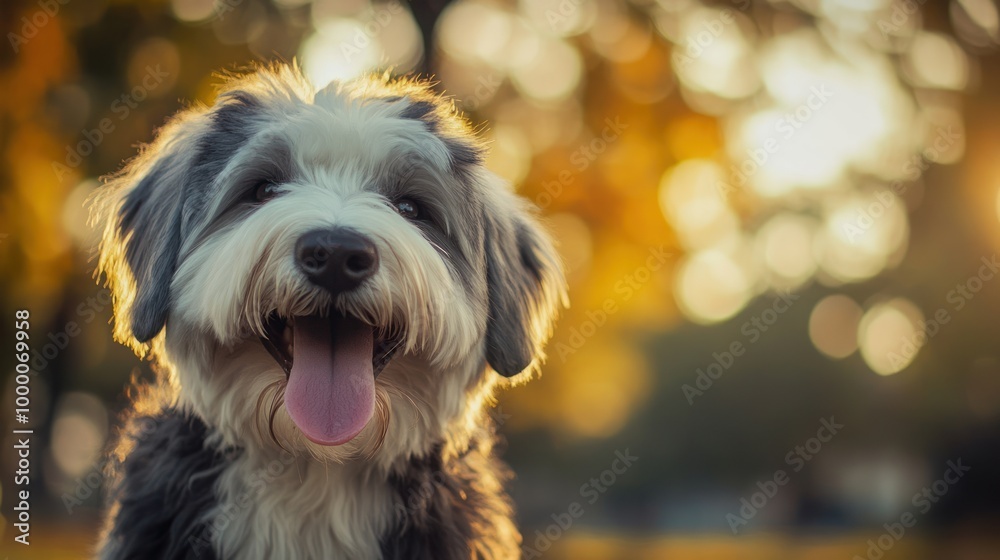 A happy dog with a playful expression in a soft, blurred outdoor setting. A happy dog with a playful expression in a soft, blurred outdoor setting.