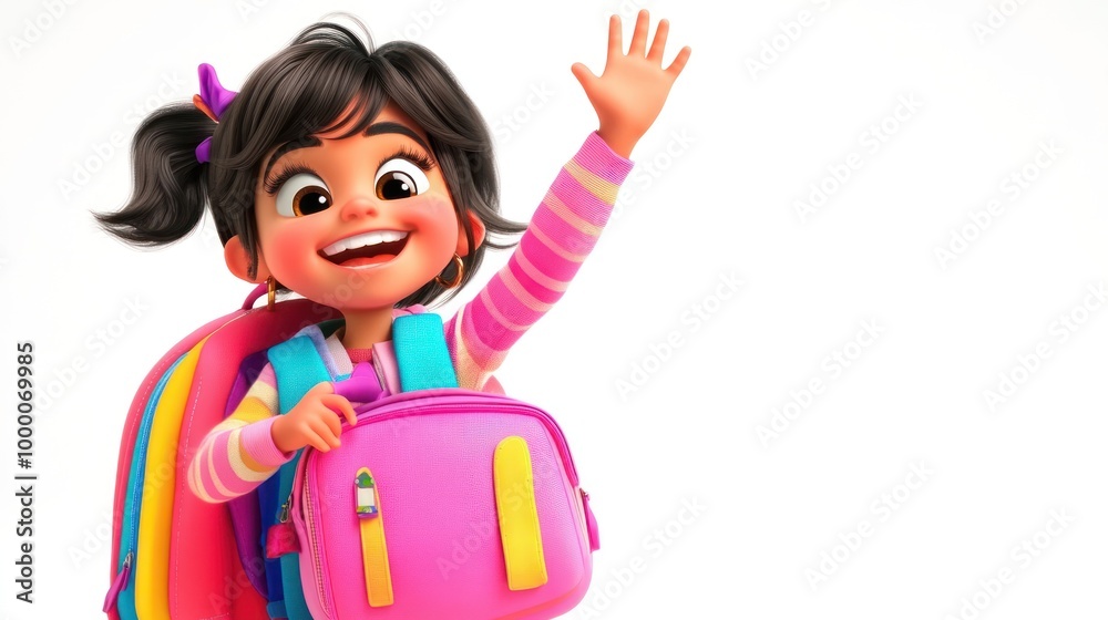 A cheerful girl with a backpack waves happily, embodying excitement for school or adventure. A cheerful girl with a backpack waves happily, embodying excitement for school or adventure.