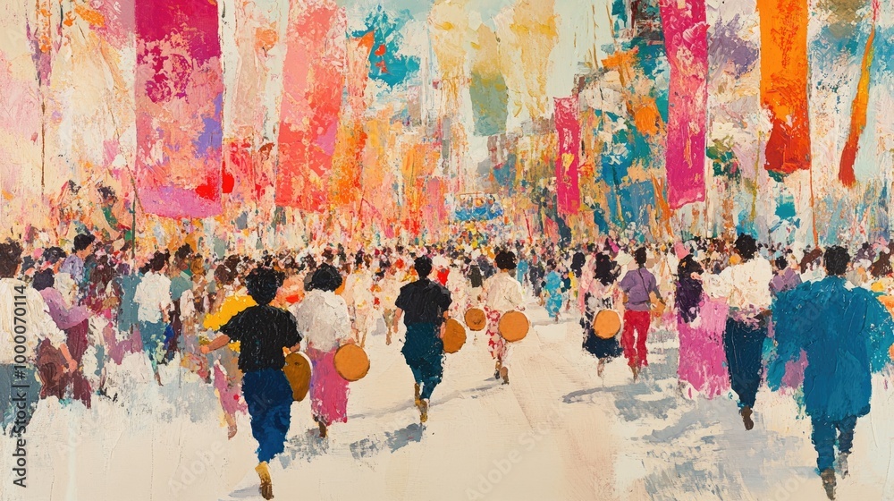 A vibrant festival procession winding through the streets, with colorful banners, drums, and chanting worshippers. The energy and excitement of the celebration are palpable, reflecting the deep A vibrant festival procession winding through the streets, with colorful banners, drums, and chanting worshippers. The energy and excitement of the celebration are palpable, reflecting the deep