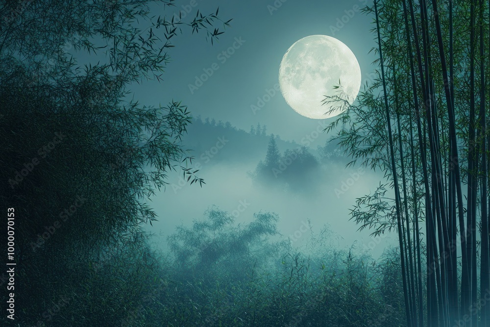 A serene night scene featuring a full moon over misty bamboo forests. A serene night scene featuring a full moon over misty bamboo forests.