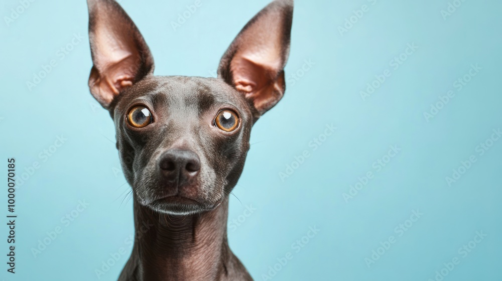A close-up of a curious dog against a blue background, showcasing its expressive features.