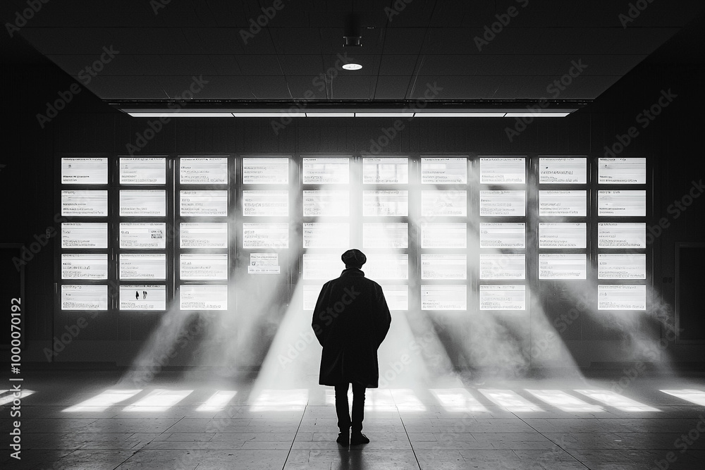 A man stands in front of a wall of monitors A man stands in front of a wall of monitors