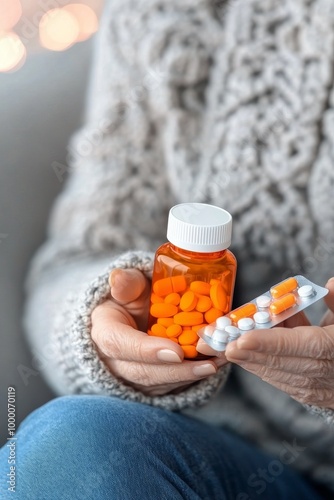Elderly person holding a bottle of medication and a blister pack while sittin...