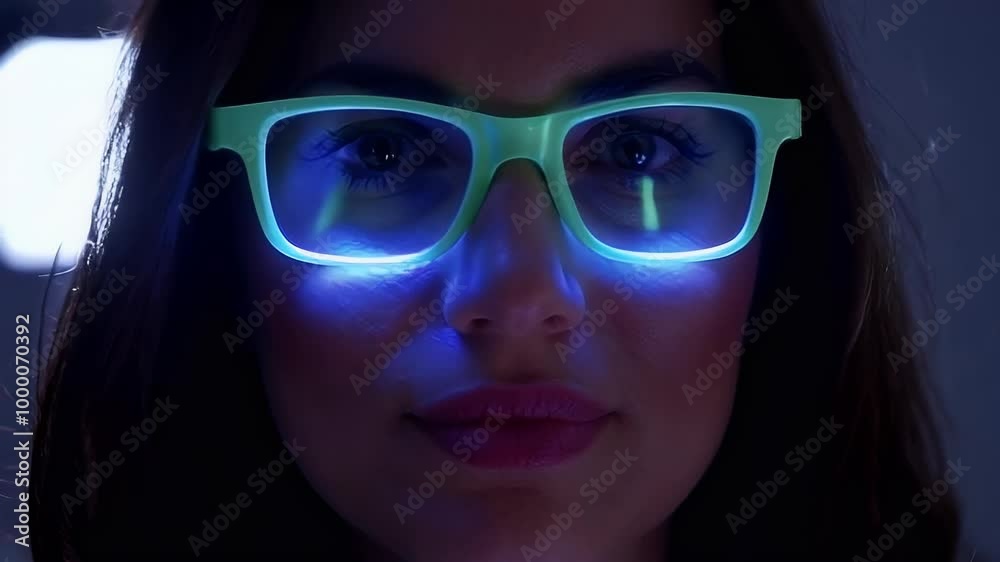 Close-up portrait of a woman wearing glowing green glasses.
