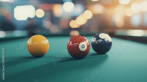 Billiard balls on a green felt table during a game in a lively bar setting