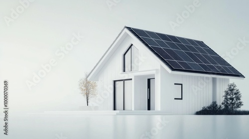 Modern white house with solar panels surrounded by greenery on a bright day