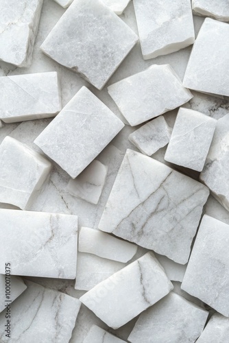Decorative arrangement of white marble fragments showcasing natural patterns ...